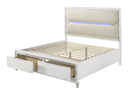 Tarian Bed W/LED & Storage in White Boucle & Pearl White
