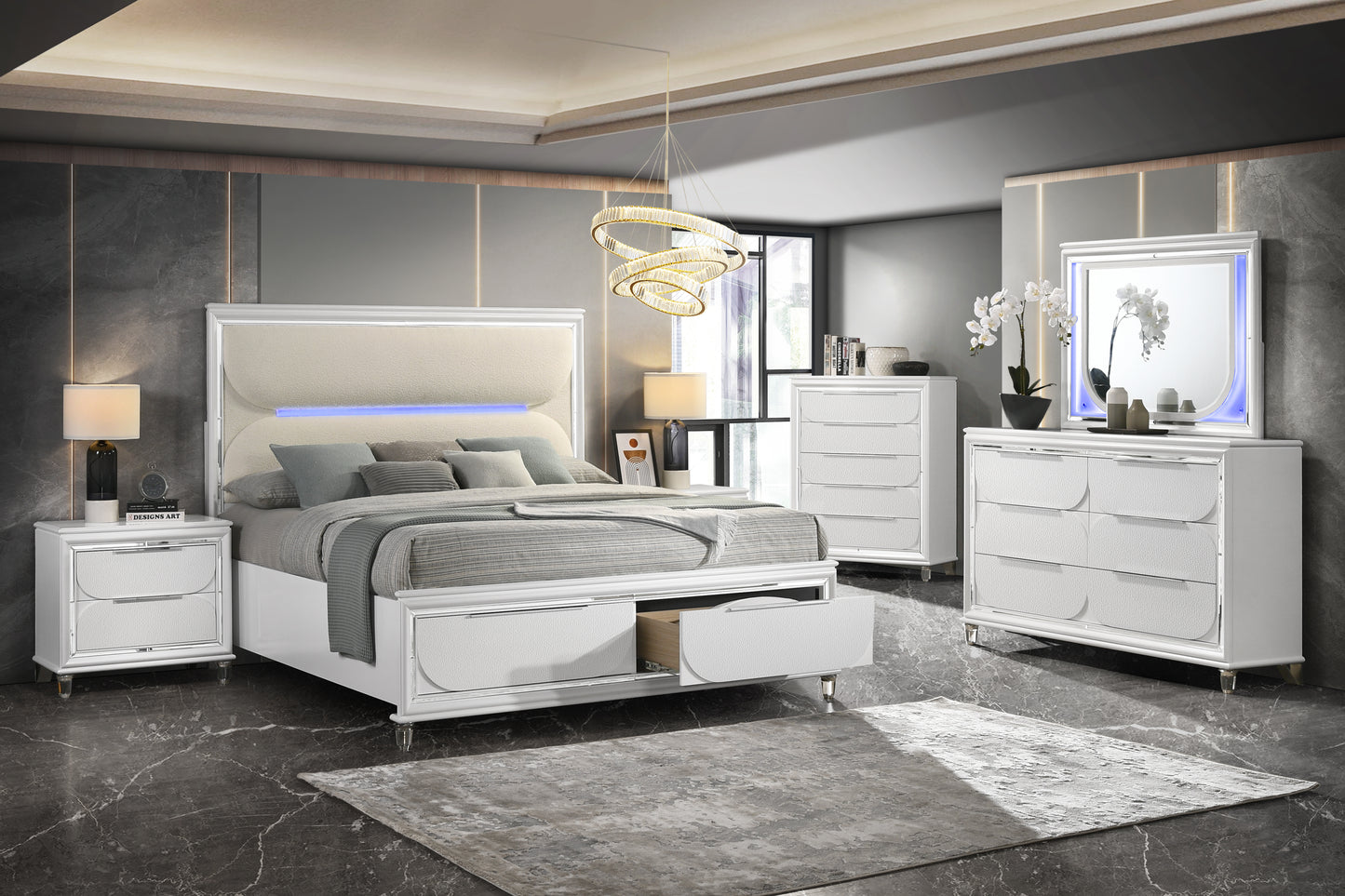 Tarian Bed W/LED & Storage in White Boucle & Pearl White