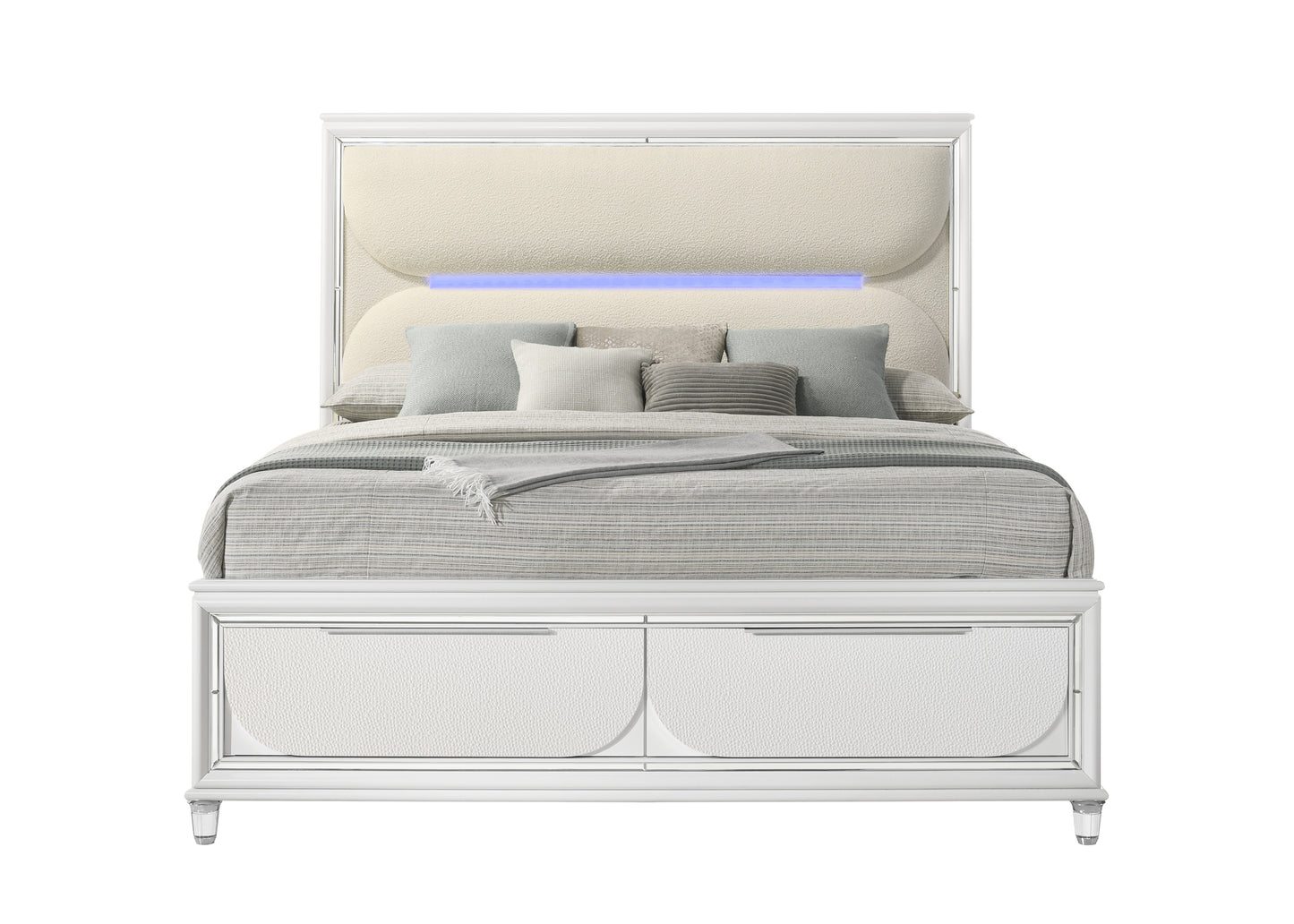Tarian Bed W/LED & Storage in White Boucle & Pearl White