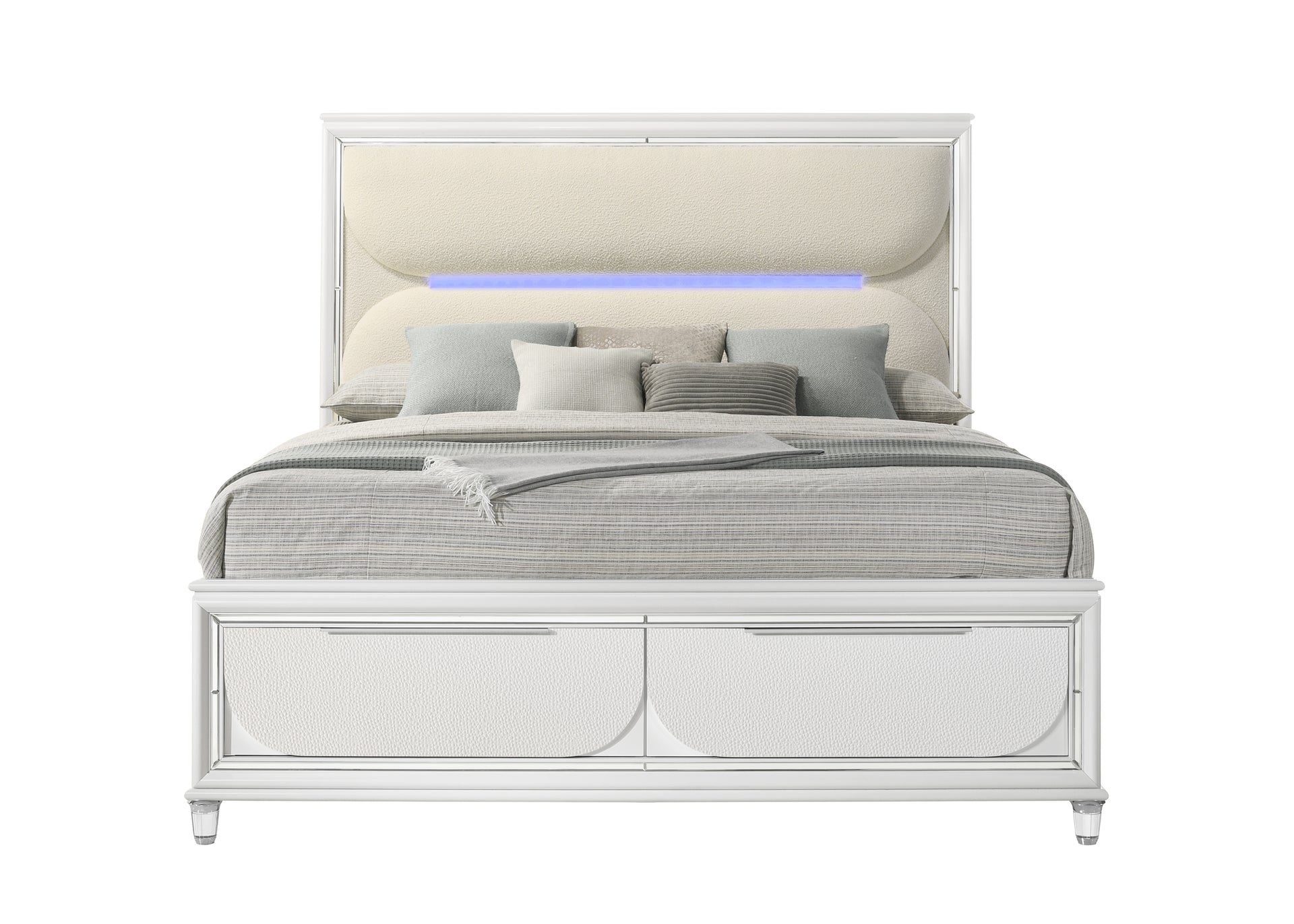 Tarian Bed W/LED & Storage in White Boucle & Pearl White