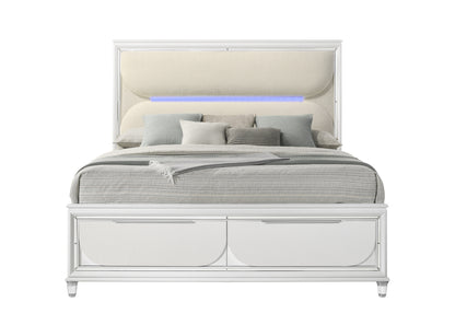 Tarian Bed W/LED & Storage in White Boucle & Pearl White