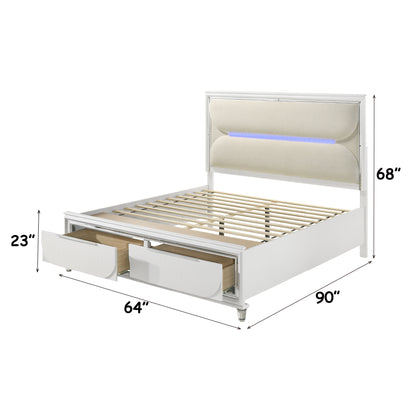 Tarian Bed W/LED & Storage in White Boucle & Pearl White