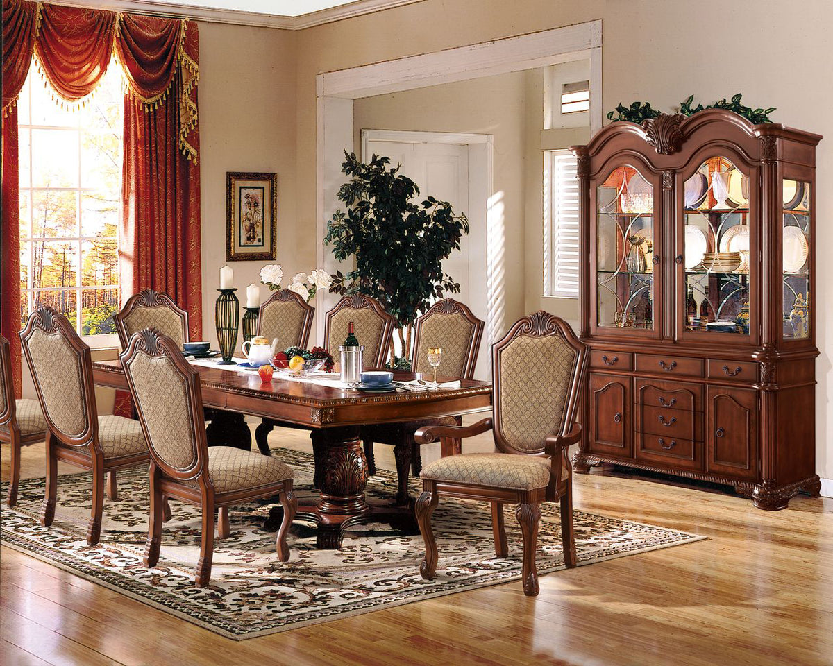 Chateau De Ville 10-Piece Dining Set Include 1 Dining Extension Table, 6 Side Chairs, 2 Arm Chairs and 1 Buffet & Hutch Cherry Fabric