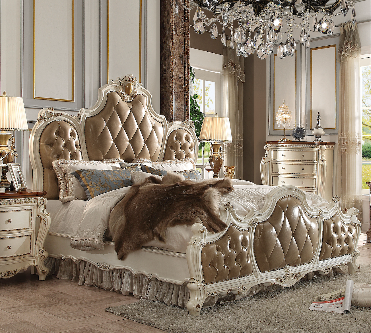 Picardy Bed in Butterscotch Leatherette & Antique Pearl