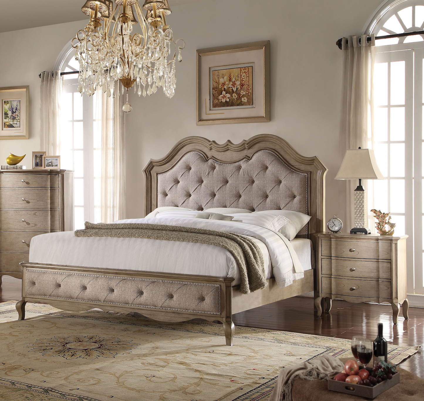 Chelmsford Contemporary Solid Wood Bed Beige Fabric & Antique Taupe Finish
