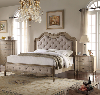 Chelmsford Contemporary Solid Wood Bed Beige Fabric & Antique Taupe Finish