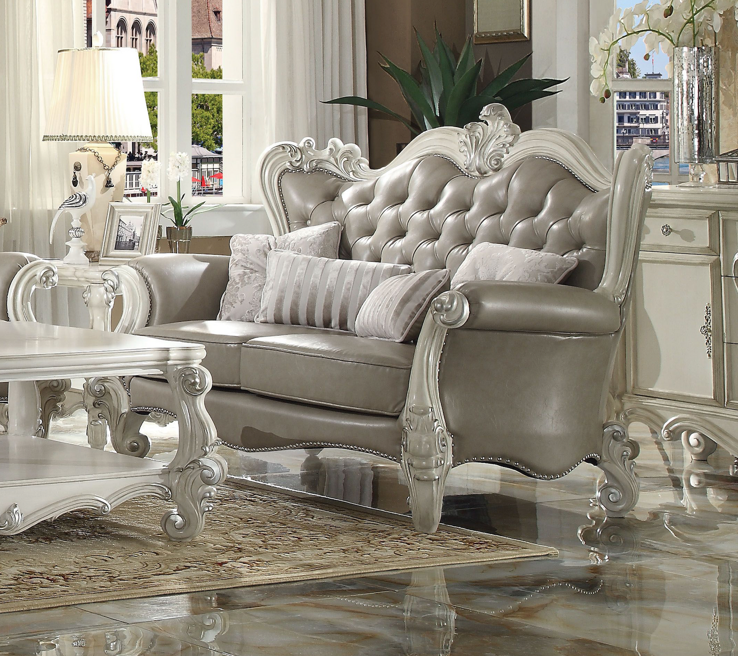 Versailles Collection Luxury 4-Piece Living Room Set, Including Sofa, Loveseat, Chair and Coffee Table, Bone White