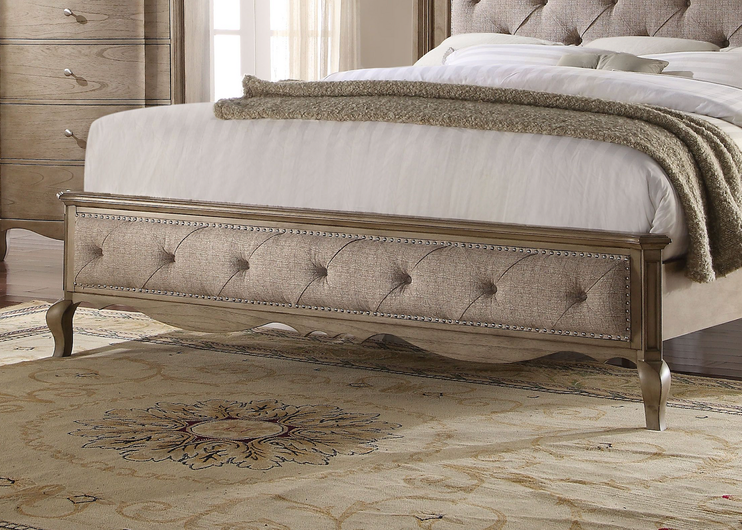 Chelmsford Contemporary Solid Wood Bed Beige Fabric & Antique Taupe Finish
