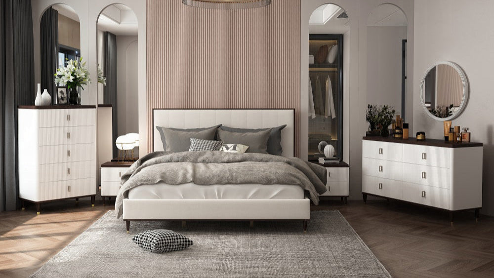 Carena 6-Piece Modern Luxury Bedroom Set Includes Panel Bed, Dresser, Chest, 2x Nightstands and Mirror, Box Spring Required