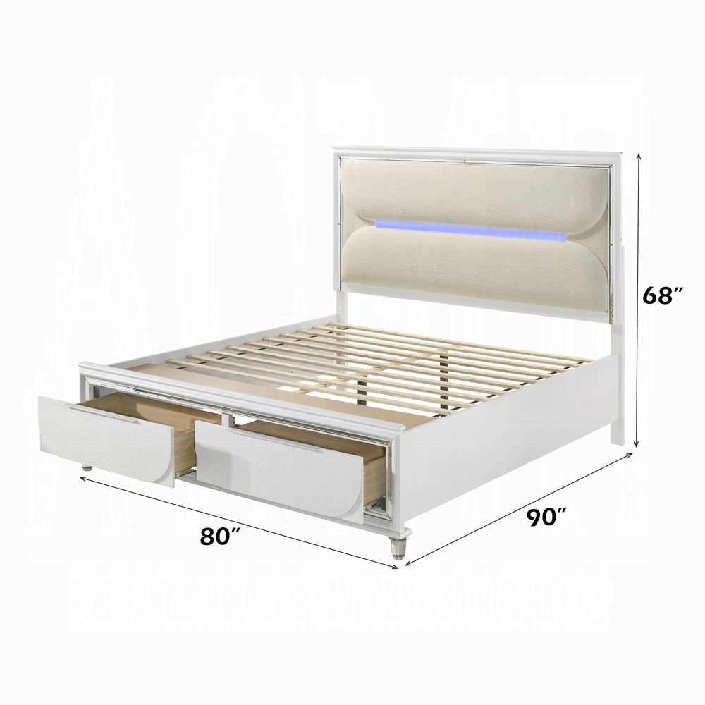 Tarian Bed W/LED & Storage in White Boucle & Pearl White