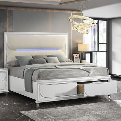 Tarian 6-Piece Modern Luxury Bedroom Set Includes Panel Bed w/Led & Storage, Assembled Dresser, Assembled Chest, 2xAssembled Nightstands and Mirror, Box Spring Not Required