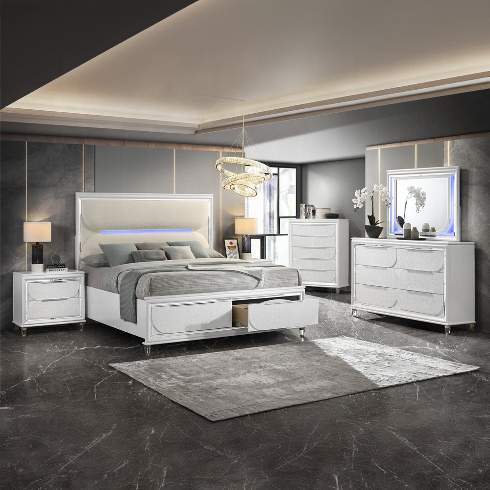 Tarian 6-Piece Modern Luxury Bedroom Set Includes Panel Bed w/Led & Storage, Assembled Dresser, Assembled Chest, 2xAssembled Nightstands and Mirror, Box Spring Not Required