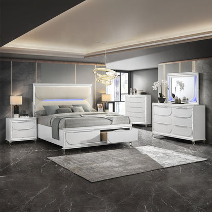 Tarian 6-Piece Modern Luxury Bedroom Set Includes Panel Bed w/Led & Storage, Assembled Dresser, Assembled Chest, 2xAssembled Nightstands and Mirror, Box Spring Not Required