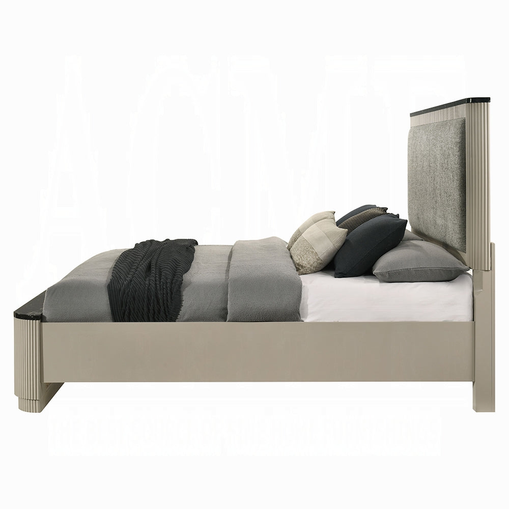 Travonte Solid Wood Bed Gray Linen & Beige