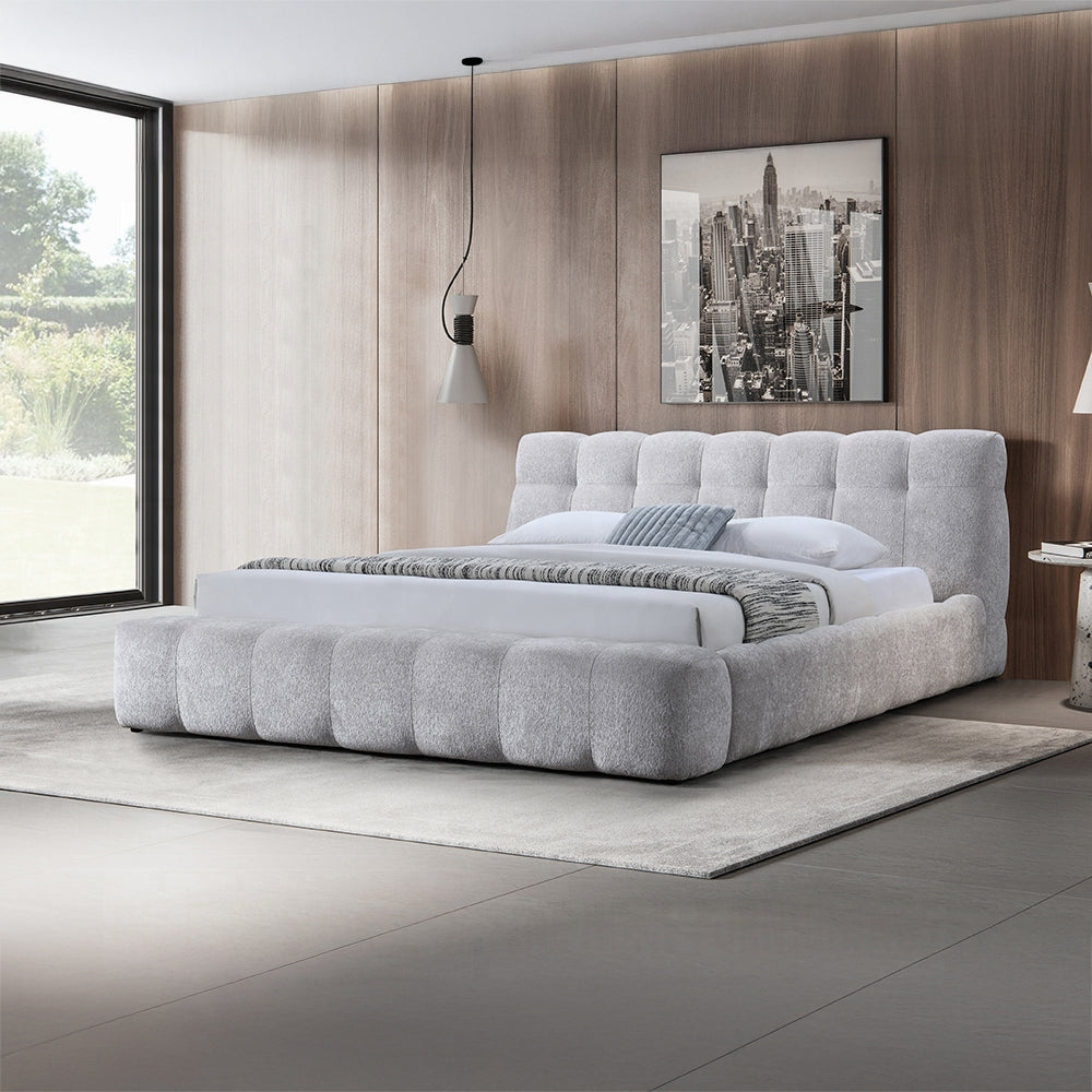 Hannah Solid Wood Bed in Gray Chenille