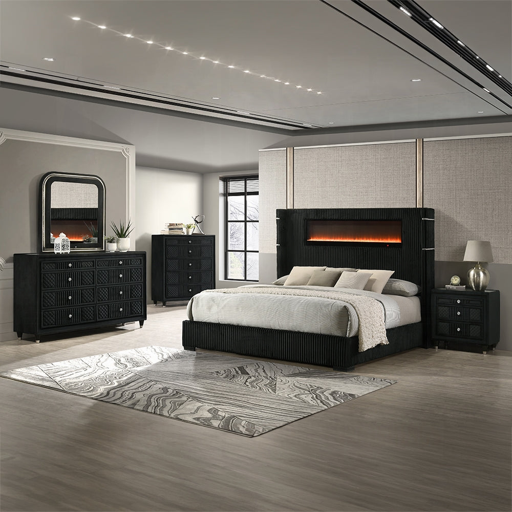 Garner Queen Bed w/Fireplace, LED, Reading Light, Speaker, Bluetooth & USB