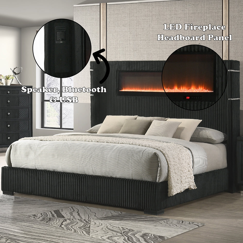Garner Queen Bed w/Fireplace, LED, Reading Light, Speaker, Bluetooth & USB
