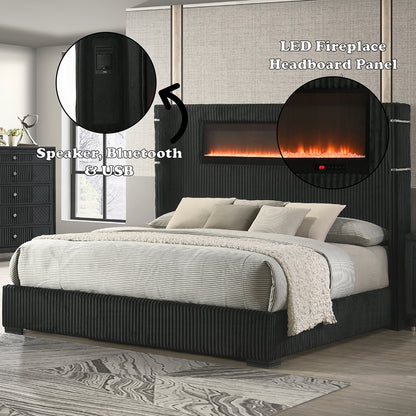 Garner Queen Bed w/Fireplace, LED, Reading Light, Speaker, Bluetooth & USB