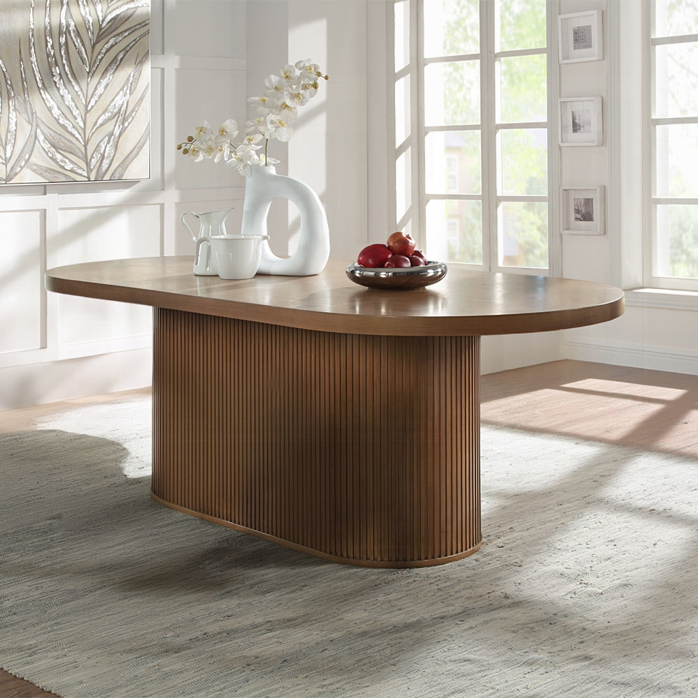 Gamarya 7-Piece Modern Dining Set with 87" Oval Pedestal Table and 6 Beige Chenille Upholstered Chairs, Walnut Finish - Assembly Required