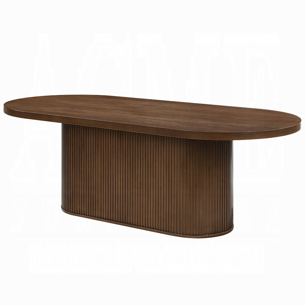 Gamarya 7-Piece Modern Dining Set with 87" Oval Pedestal Table and 6 Beige Chenille Upholstered Chairs, Walnut Finish - Assembly Required