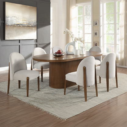 Gamarya 7-Piece Modern Dining Set with 87" Oval Pedestal Table and 6 Beige Chenille Upholstered Chairs, Walnut Finish - Assembly Required