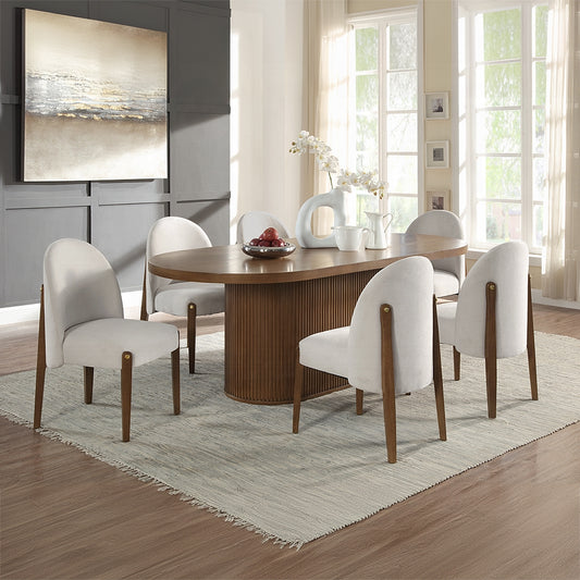 Gamarya 7-Piece Modern Dining Set with 87" Oval Pedestal Table and 6 Beige Chenille Upholstered Chairs, Walnut Finish - Assembly Required