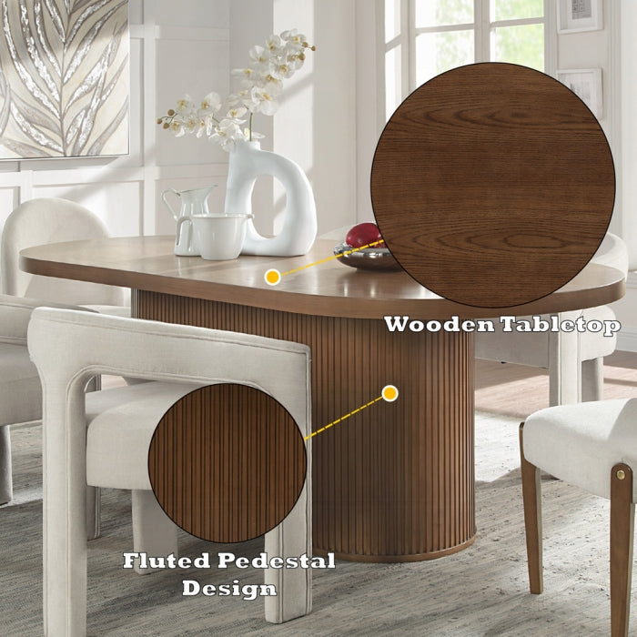 Gamarya 7-Piece Modern Dining Set with 87" Oval Pedestal Table and 6 Beige Linen Upholstered Chairs
