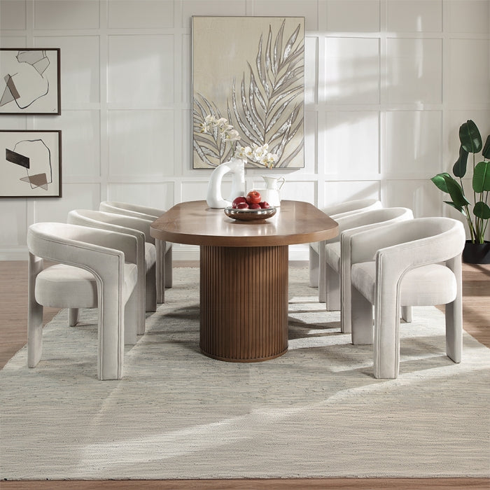 Gamarya 7-Piece Modern Dining Set with 87" Oval Pedestal Table and 6 Beige Linen Upholstered Chairs