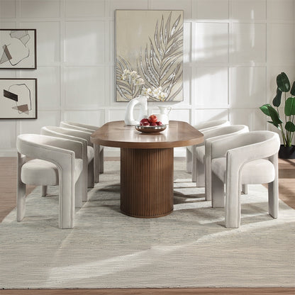Gamarya 7-Piece Modern Dining Set with 87" Oval Pedestal Table and 6 Beige Linen Upholstered Chairs