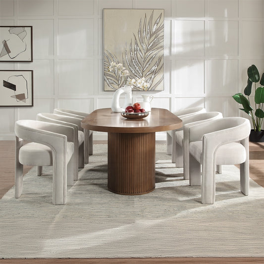 Gamarya 7-Piece Modern Dining Set with 87" Oval Pedestal Table and 6 Beige Linen Upholstered Chairs