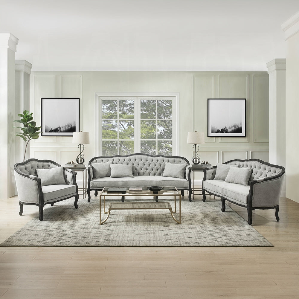 Samael Colletion 3-Piece Living Room Set Include Sofa, Loveseat and Chair, Gray Linen & Dark Brown Finish