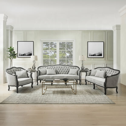 Samael Colletion 3-Piece Living Room Set Include Sofa, Loveseat and Chair, Gray Linen & Dark Brown Finish