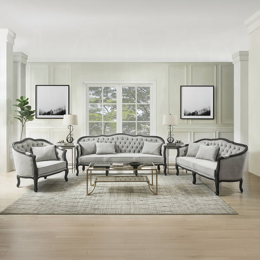 Samael Colletion 3-Piece Living Room Set Include Sofa, Loveseat and Chair, Gray Linen & Dark Brown Finish