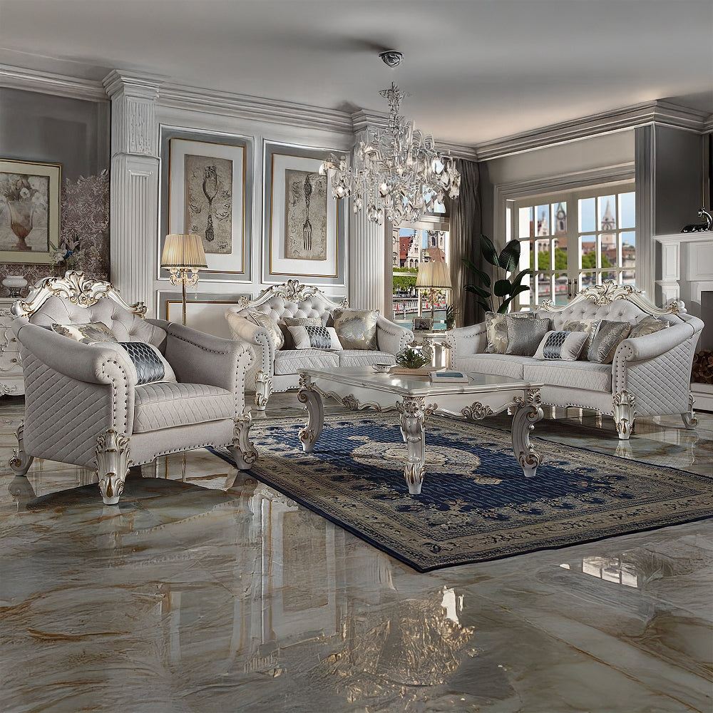 Vendome II Colletion 4-Piece Living Room Set Include Sofa, Loveseat, Chair and Coffee Table, Antique Pearl Finish