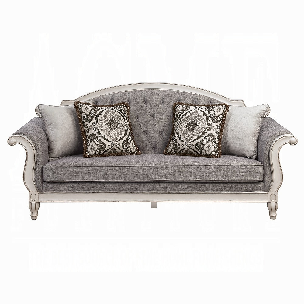 Florian Colletion 3-Piece Living Room Set Include Sofa, Loveseat and Chair, Gray Fabric & Antique White Finish