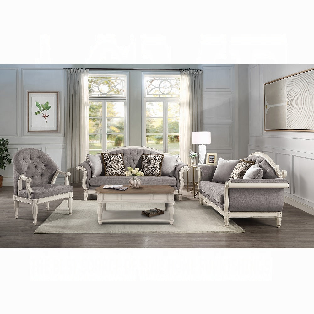 Florian Colletion 3-Piece Living Room Set Include Sofa, Loveseat and Chair, Gray Fabric & Antique White Finish