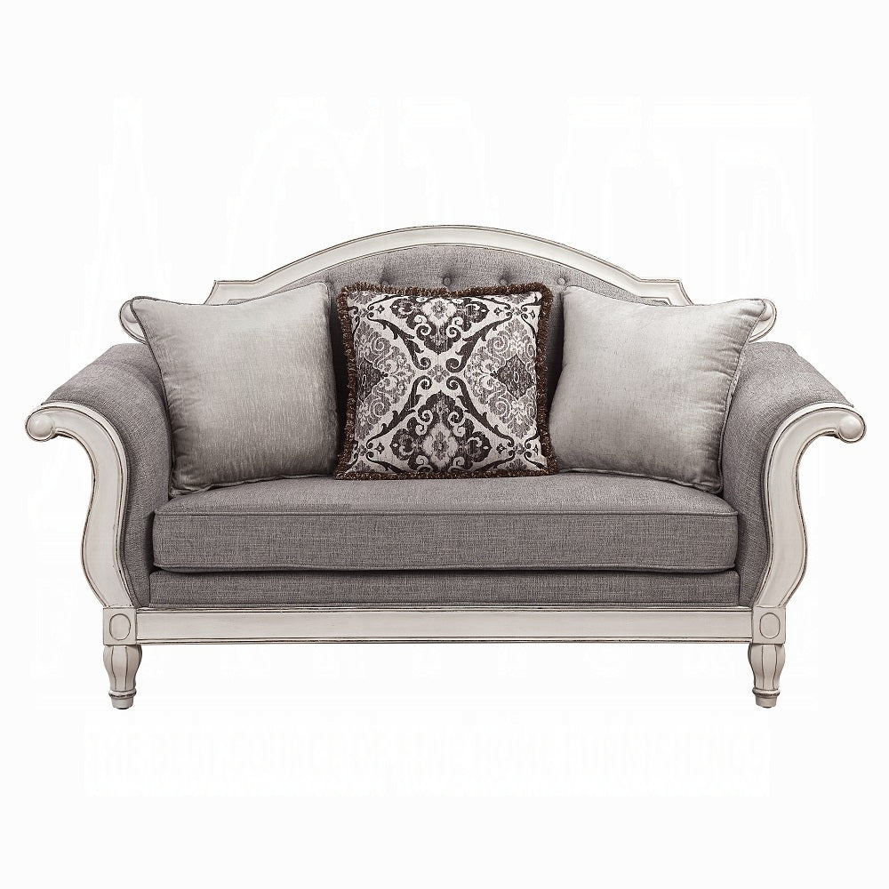 Florian Colletion 3-Piece Living Room Set Include Sofa, Loveseat and Chair, Gray Fabric & Antique White Finish