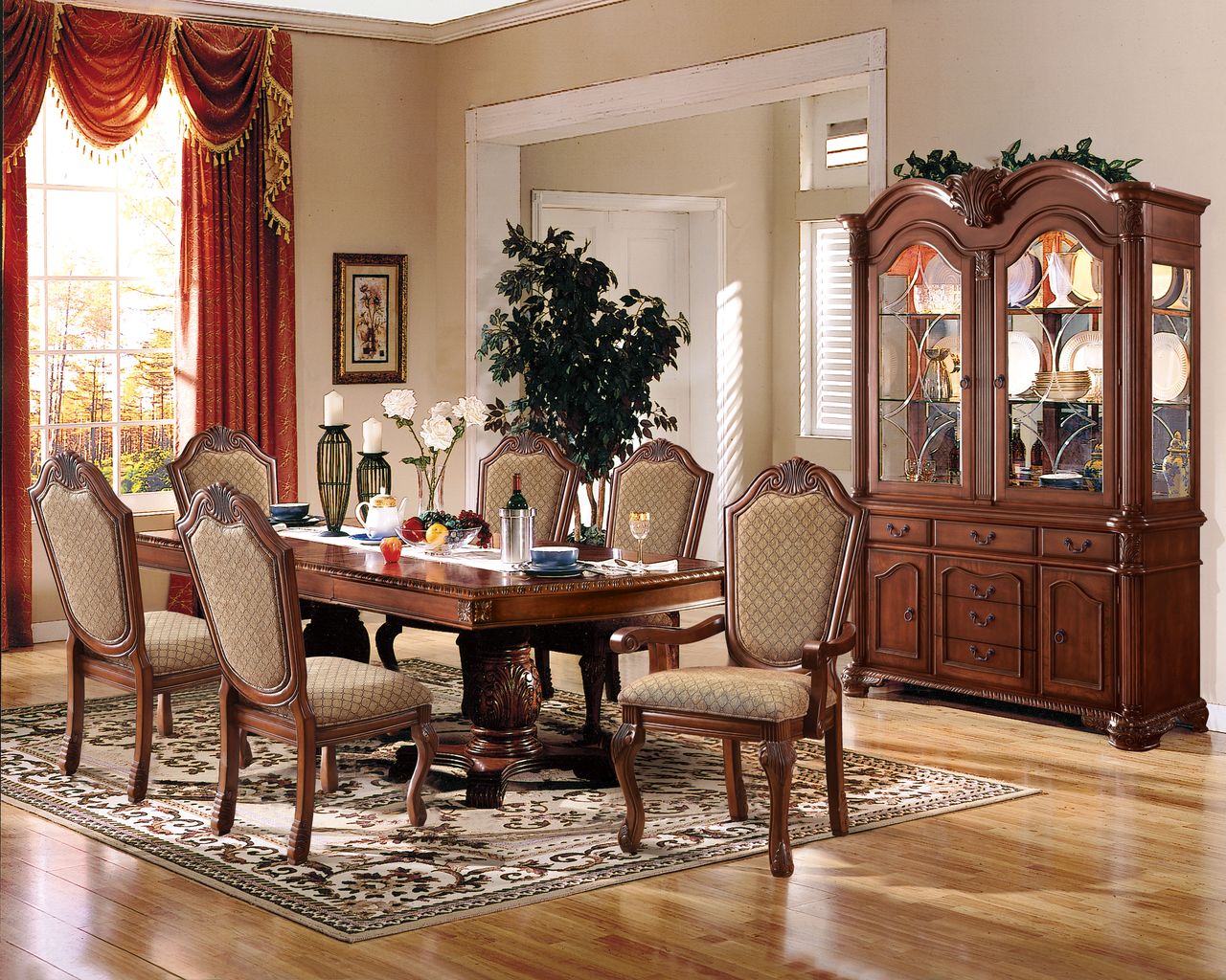 7-Piece Extendable Dining Table Set Cherry Fabric Finish