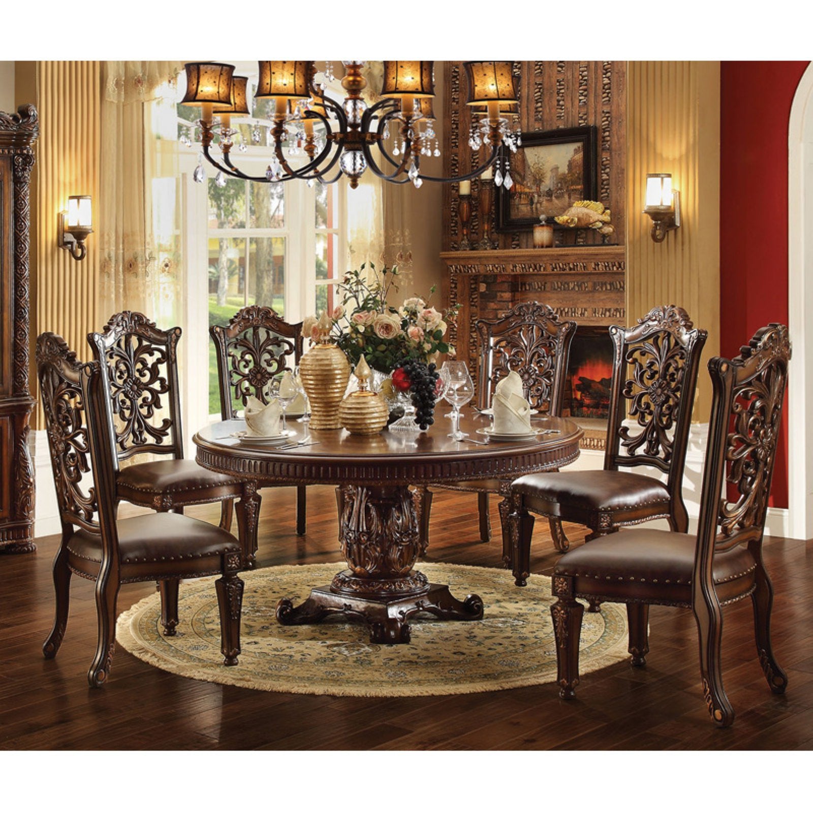 Acme Furniture Vendome Cherry 7 Piece Large Round Pedestal Dining Table Set
