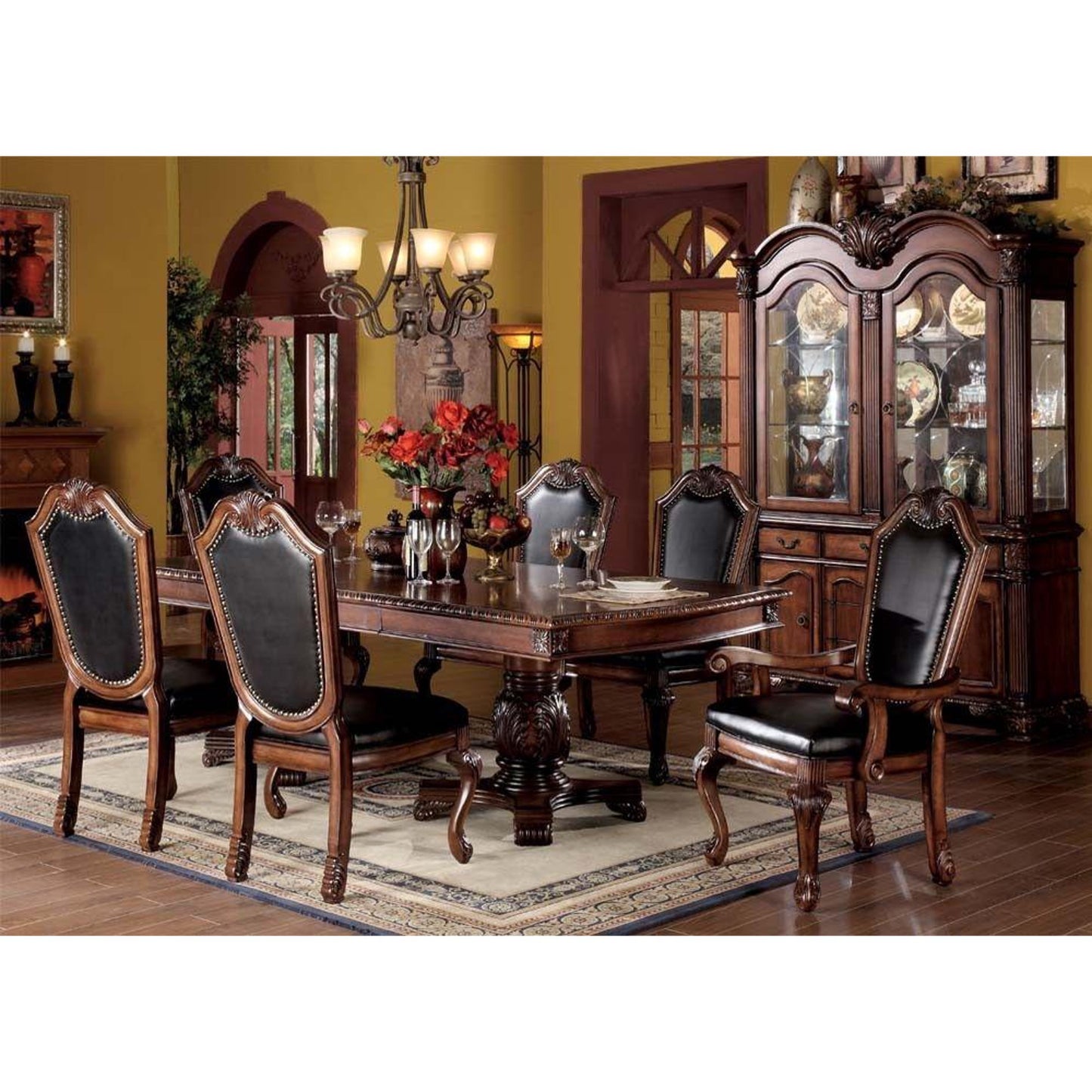 7Pcs Extendable Dining Table Set Include 1 Extendable Dining Table 4 Side Chairs and 2 Arm Chairs Cherry Finish