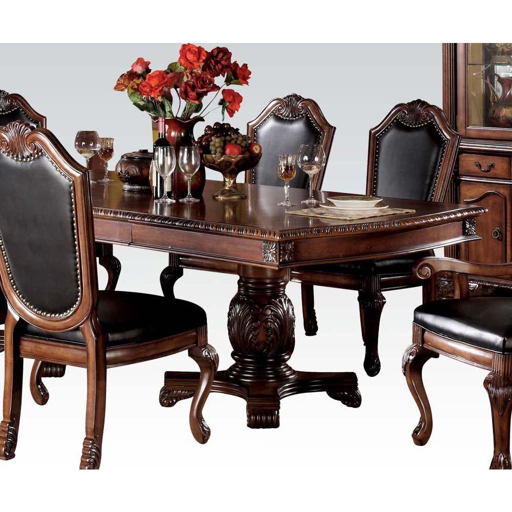 7Pcs Extendable Dining Table Set Include 1 Extendable Dining Table 4 Side Chairs and 2 Arm Chairs Cherry Finish