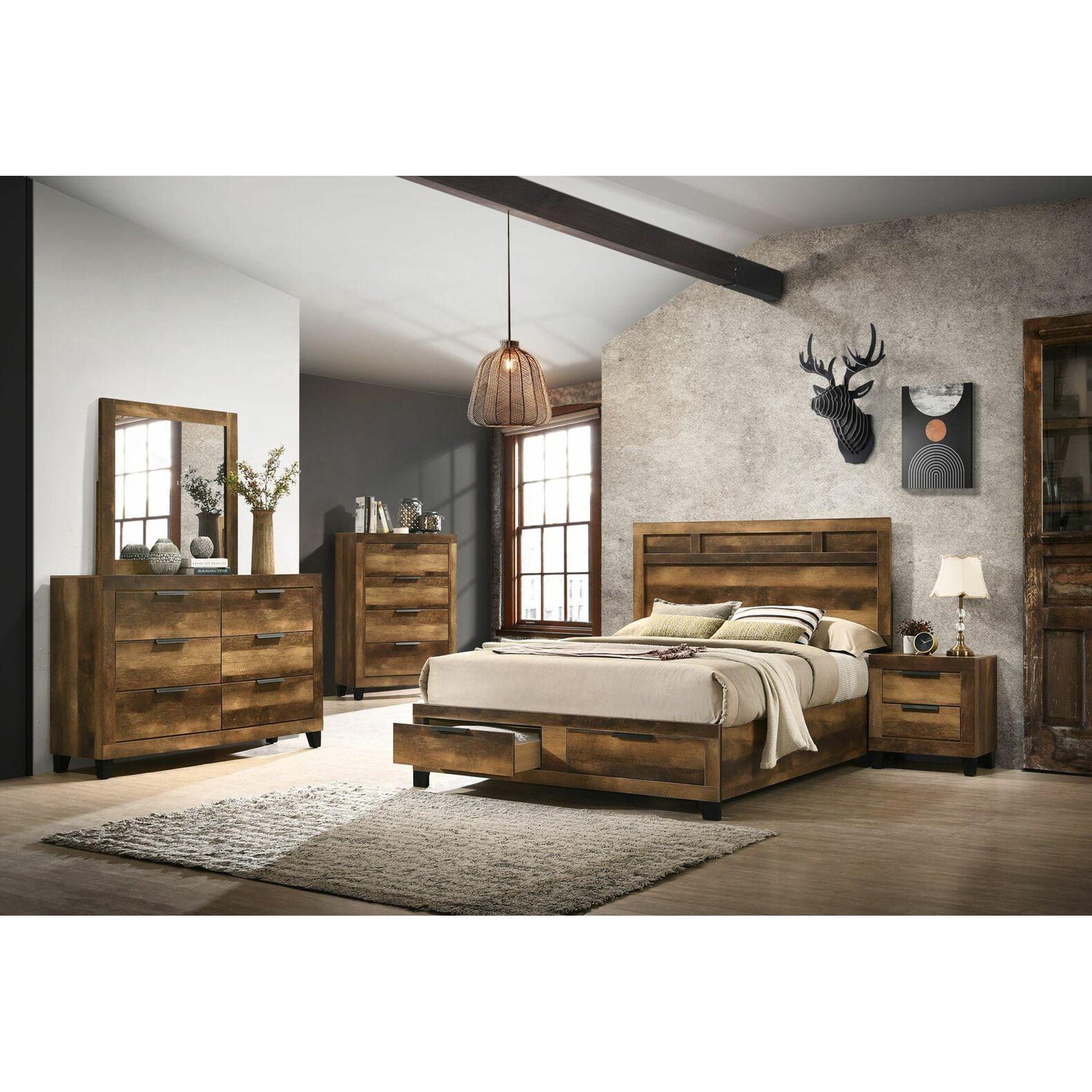 Rustic Oak Finish King Eastern 3pcs Bedroom Set Include Bed + 2 Nightstands