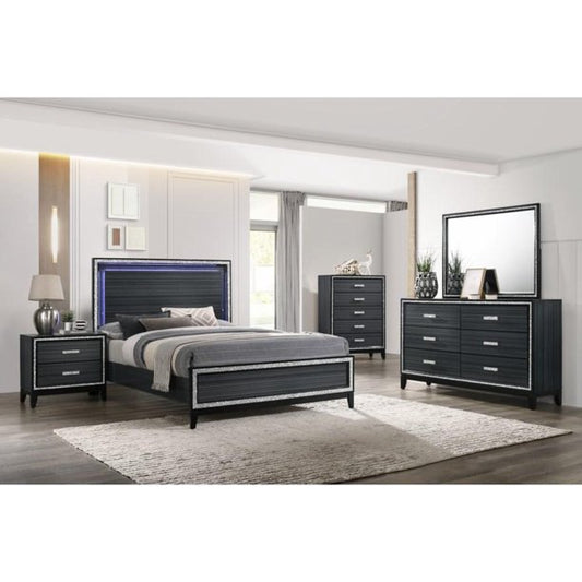 Haiden Modern Black Eastern King Bed Set 5PCS Includes Bed, 2 Nightstands, Dresser and Mirror